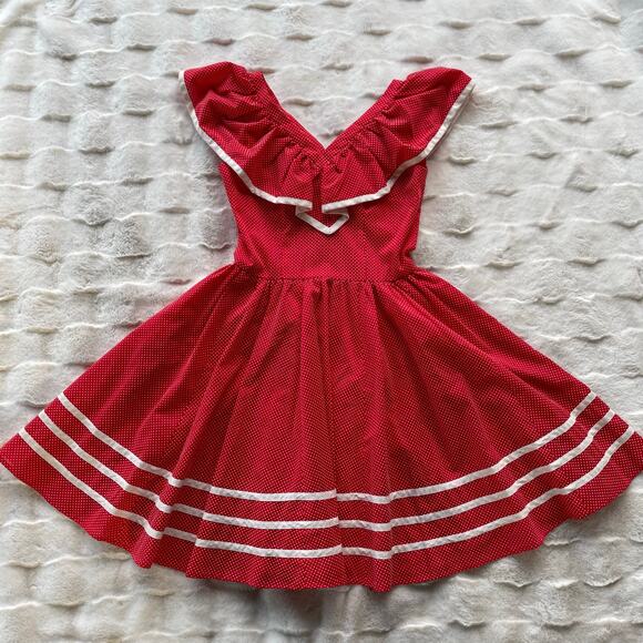 🔥Vintage 80s Swiss Polkadots Striped Ruffled Overlay Full Skirt Dopamine Dress - Picture 12 of 17